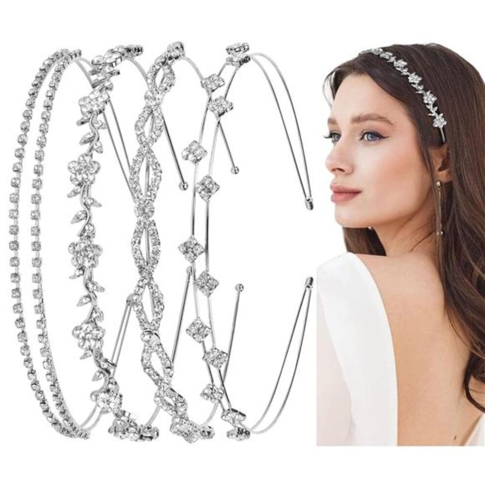 Rhinestone Headbands Silver Bridal Crown Tiara Wedding Flower Girl 4 Pack